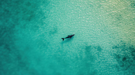 This aerial photograph captures a majestic dolphin gliding effortlessly through clear turquoise waters, embodying the tranquility of ocean life.の素材