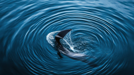 A stunning capture of a whale tail elegantly breaking the water surface, sending gentle ripples across the calm blue ocean, embodying the essence of marine beauty.の素材