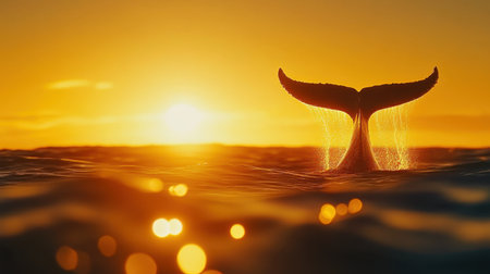 A serene and breathtaking view of a majestic whale tail emerging from the ocean surface during sunset. The golden light reflects off the gentle waves, creating a tranquil scene that captures the majestic beauty of marine life in its natural habitat.の素材