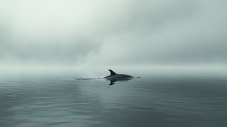 A tranquil scene capturing a dolphin swimming gracefully through calm waters, surrounded by a soft fog, evoking a sense of peace and connection to nature.の素材