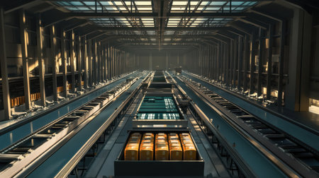 A spacious and modern warehouse interior featuring advanced automated storage solutions, efficient lighting, and organized shelving for goods management.の素材