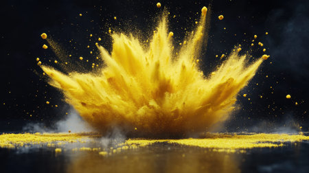 A stunning depiction of a yellow powder explosion against a dark backdrop, showcasing vibrant colors and dynamic splashes that evoke energy and creativity.の素材