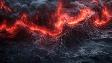 A mesmerizing scene showcasing waves of fiery lava surging against dark ocean waters, creating a striking visual contrast with an atmosphere of intensity and danger.の素材
