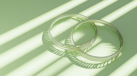 This captivating image features elegant minimalist rings lying on a pale green surface, creating a serene atmosphere. Natural light beautifully casts soft shadows.の素材