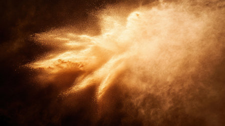 A breathtaking eruption of dust and particles showcases a captivating play of warm tones and textures against a dark background, creating an abstract visual experience.の素材