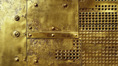 A striking golden metallic surface showcasing a variety of textures and patterns. This image captures unique craftsmanship, ideal for industrial or artistic applications.の素材