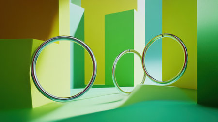 This captivating abstract artwork features circular shapes against a vibrant yellow and green backdrop, showcasing modern design and engaging aesthetics.の素材