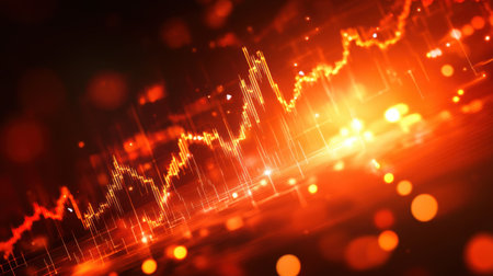 Vibrant abstract representation of financial data trends with bright glowing elements on a dark background, symbolizing market fluctuations and investment growth.の素材