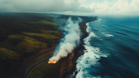 Captivating aerial shot of a coastline featuring a fiery cliffside with smoke billowing into the sky above crashing ocean waves and lush greenery.の素材