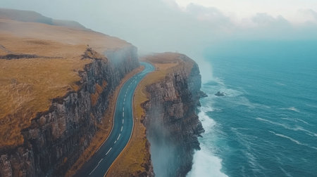 An aerial view captures a winding coastal road along towering cliffs and crashing ocean waves. The misty atmosphere adds a dreamy quality to this breathtaking landscape, inviting adventure and tranquility.の素材
