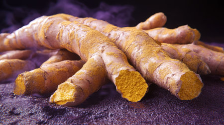 Fresh turmeric roots display their vibrant yellow flesh against a dark surface, creating an intriguing visual with aromatic hints of spice and wellness.の素材