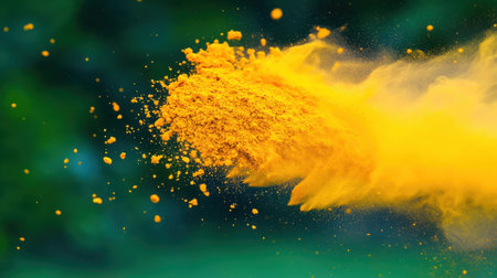 A striking image of vibrant yellow powder bursting against a soft focus green background, perfect for artistic design and creative projects, conveying energy and movement.の素材