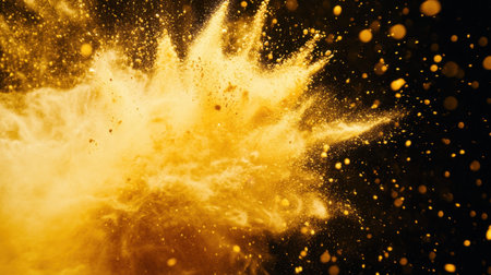 This striking image captures a golden dust explosion, showcasing dynamic motion and vibrant particles that create an artistic and visually stunning effect.の素材