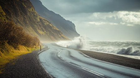 This captivating image features a winding coastal road alongside towering cliffs and tumultuous waves, evoking a sense of adventure amid nature's beauty.の素材