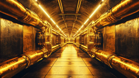 A stunning futuristic underground tunnel featuring gleaming golden pipes and vibrant light fixtures, creating a captivating sci-fi atmosphere for exploration.の素材