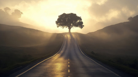A picturesque scene featuring a winding road leading towards a beautiful sunrise, framed by a solitary tree and enveloped in soft mist. Ideal for evoking feelings of freedom and tranquility.の素材