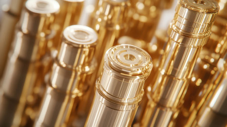 A close-up capture of golden cylinders showcases the intricate design and polished surface, creating a luxurious and elegant visual experience.の素材
