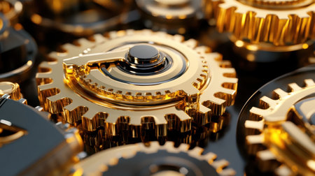 This image features a detailed close-up of golden gears intricately interlocked within a mechanical assembly, emphasizing precision and technological artistry.の素材