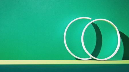 This image showcases an abstract arrangement of circular shapes in white against a striking green background, emphasizing minimalism and modern aesthetics.の素材