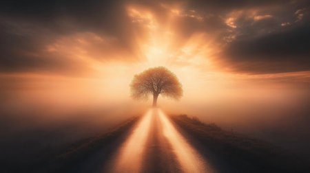 A breathtaking scene of a solitary tree at sunrise, enveloped in mist and ethereal light. The pathway leads toward an inviting horizon, creating a serene atmosphere.の素材