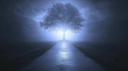 A captivating scene of a solitary tree illuminated by ethereal light at the end of a fog-covered road. The atmosphere evokes mystery and serenity.の素材
