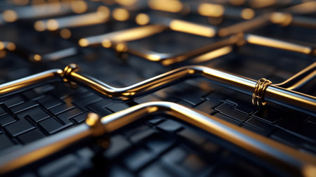 This stunning abstract close-up features intricate metallic pipe shapes against a dark background, highlighted by elegant golden tones that exude modern beauty.の素材