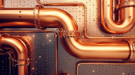 This image showcases an intricate arrangement of shiny copper pipes against a textured metallic background, highlighting modern industrial design elements.の素材