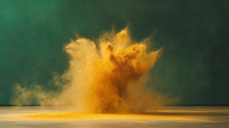 A stunning visual of vibrant yellow powder bursting against a calming teal background, showcasing dynamic movement and artistic energy in a captivating explosion.の素材