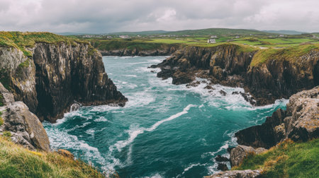 Captivating coastal view showcasing rugged cliffs and vibrant turquoise waters under a dramatic sky. Ideal for nature lovers and travel enthusiasts.の素材