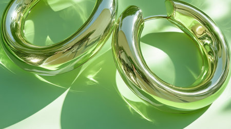This striking image showcases glossy gold hoop earrings arranged on a soft green surface, highlighting their elegant design and reflective qualities.の素材