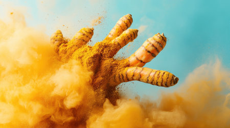 A vibrant hand emerges from a cloud of golden spice dust, showcasing fresh turmeric rhizomes against a bright blue backdrop, highlighting culinary and health themes.の素材