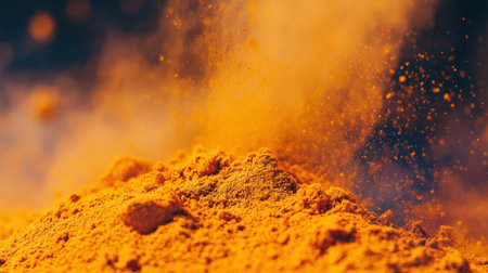 Close-up view of vibrant yellow turmeric powder creating a mystical dust cloud as it floats in the air, showcasing its natural texture and color appeal.の素材