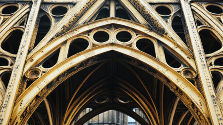 This stunning image captures the intricate details of Gothic architecture, showcasing elegant arches and circular openings that highlight the artistry and craftsmanship of historic structures.の素材