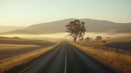 Capture the essence of peace with this stunning scene featuring a lonely tree beside a winding road, surrounded by misty mountains at dawn.の素材