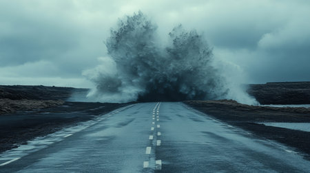 This striking image captures a powerful ocean wave crashing violently onto a deserted highway, set against a dark, stormy sky, evoking a sense of drama and isolation.の素材