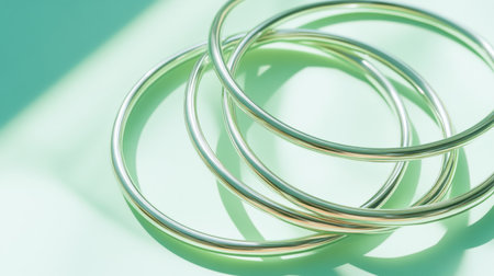 A stunning close-up of elegant silver hoops arranged on a soft green background, showcasing their shiny surface and minimalist style. Perfect for jewelry enthusiasts.の素材