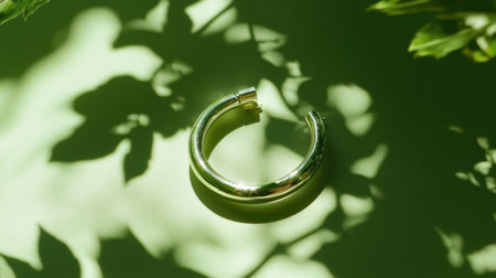 This stunning gold hoop earring rests on a soft green surface, illuminated by gentle natural light. The interplay of shadows from surrounding leaves adds an organic touch, enhancing its elegance.の素材