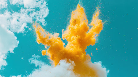 A stunning explosion of vibrant yellow smoke contrasts with a bright blue sky, creating a dynamic and artistic scene filled with energy and creativity.の素材