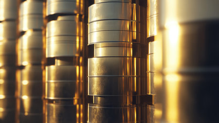A close-up view of metallic barrels stacked in rows, reflecting warm light and creating an abstract and visually appealing industrial background.の素材