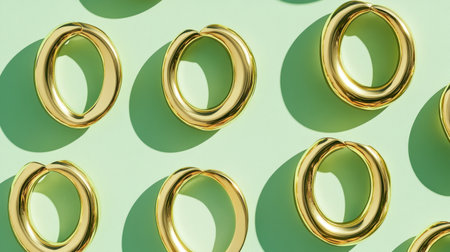 A beautifully arranged collection of elegant gold rings placed against a soft green background, capturing modern aesthetics and luxury fashion.の素材