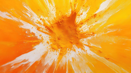 This dynamic image showcases an explosion of vibrant yellow and orange powder, creating an energetic background effect ideal for artistic endeavors and creative projects.の素材