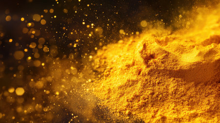 This image captures fine golden powder with a vibrant texture and sparkles, creating a visually stunning effect against a dark blurred background.の素材