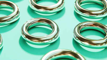 This striking stock photo features shiny metallic rings arranged in a neat pattern against a vibrant turquoise background. The composition highlights modern design and elegance, perfect for various creative projects.の素材