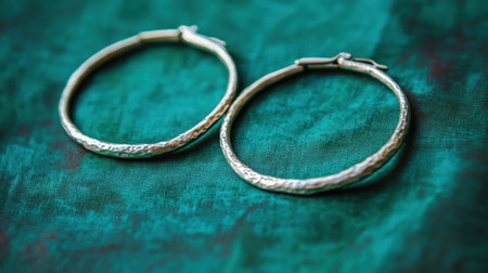 Discover these elegant silver hoop earrings, beautifully showcased on a textured teal background, perfect for any fashion-forward jewelry collection.の素材