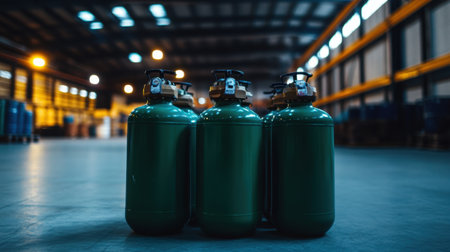Three green fire extinguishers are prominently displayed in a warehouse setting, illuminated by soft industrial lighting, highlighting their importance for safety.の素材