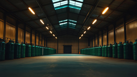 A spacious industrial warehouse featuring neatly arranged gas cylinders illuminated by bright overhead lights, showcasing an organized and safe environment.の素材