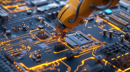 A detailed view of a robotic arm assembling components on a circuit board, showcasing glowing connections and intricate technology in a high-tech environment.の素材
