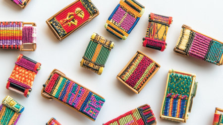 A stunning array of colorful handcrafted textile accessories displayed on a clean white background, highlighting the uniqueness and intricate designs that reflect traditional craftsmanship and cultural heritage.の素材