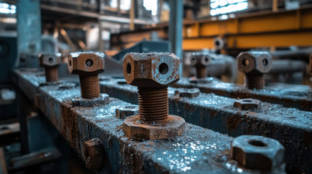 Close-up view of rusty industrial bolts and nuts resting on a grimy metal surface in a factory. The image captures the texture and details of aging hardware.の素材