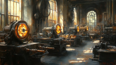 Explore a stunning vintage workshop filled with industrial machines, showcasing glowing components and warm light that create a cozy ambiance.の素材